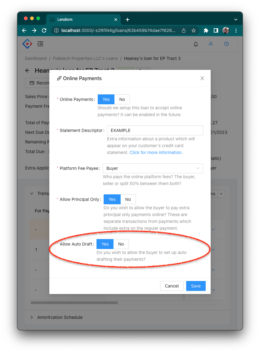 Lendiom Loan Online Payment Config Screenshot