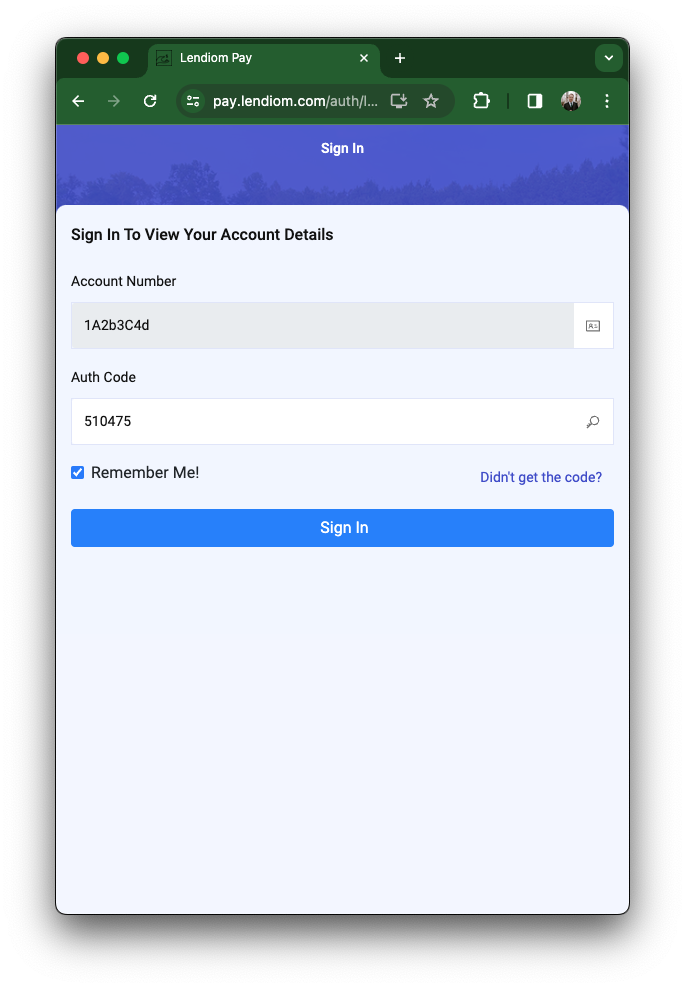 Lendiom Pay Login Screen with Auth Code