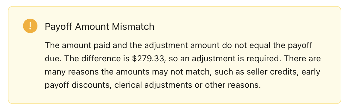 Record Pay Off Mismatch Amount Warning Screenshot
