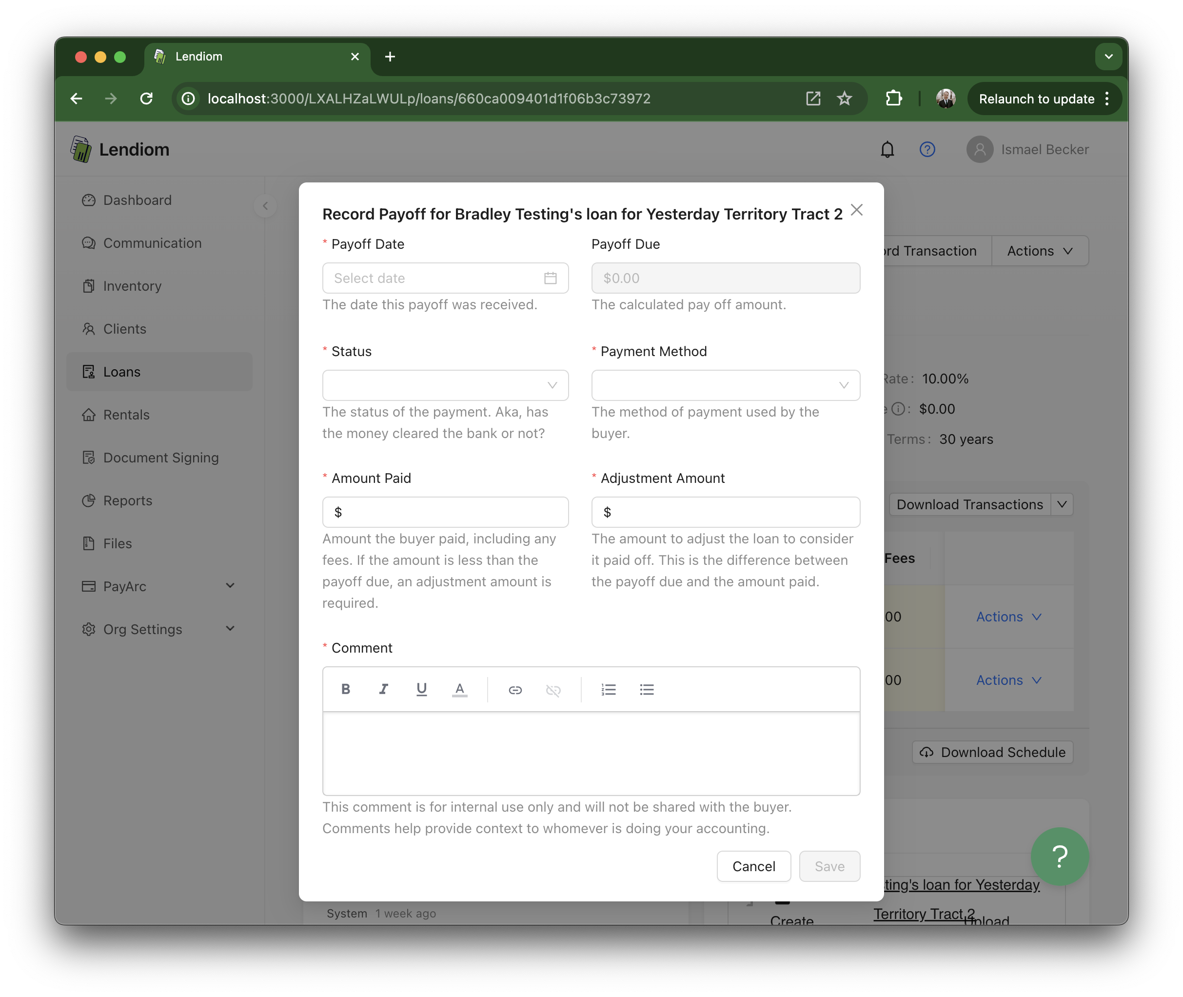 Record Pay Off Modal Screenshot